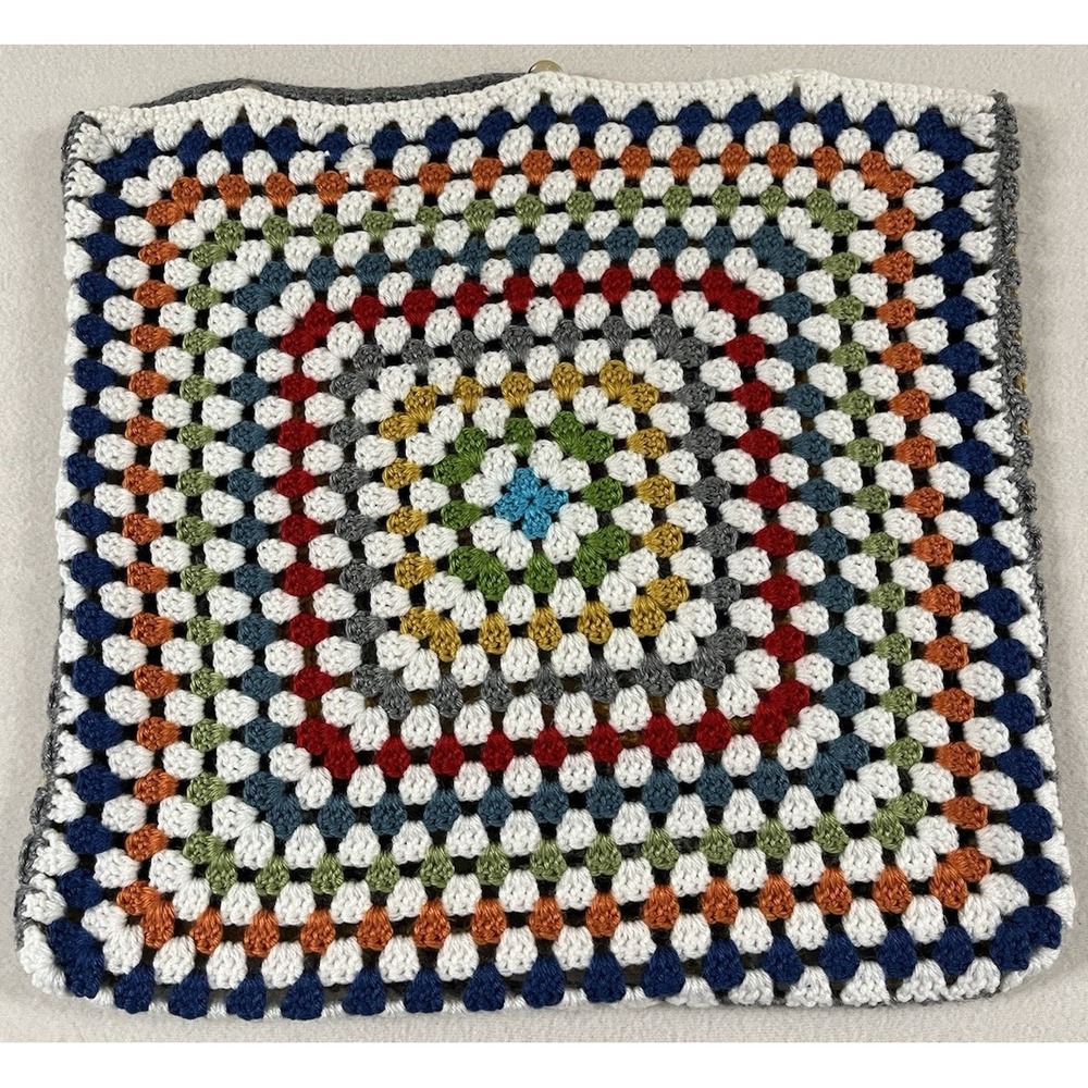 Crochet Pillow Sham Square Colorful Rainbow Handmade Cottage‎ Boho Granny Artsy